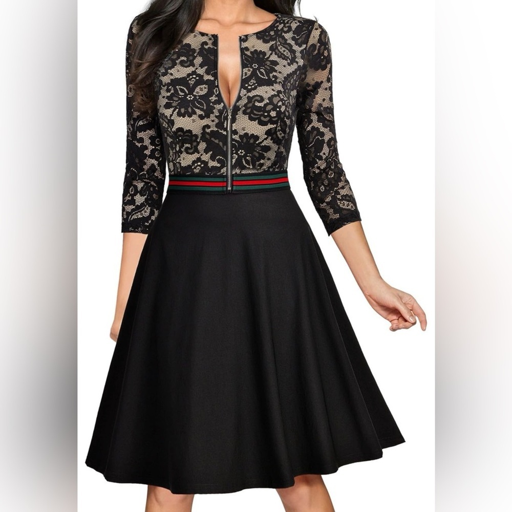 MISSMAY Women's Vintage Floral Lace Front Zipper 3/4 Sleeve Size small